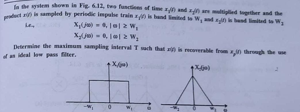 In the system shown in Fig. 6.12, two functions of time x₁(f) and (t) are multiplied together and the
product x(t) is sampled by periodic impulse train x₁(f) is band limited to W₁ and 2() is band limited to W₂
i.e.,
X₁(jw) = 0,
≥ W₁
X₂(jo) = 0,101 ≥ W₂
Determine the maximum sampling interval T such that x(t) is recoverable from x,(t) through the use
of an ideal low pass filter.
↑ X, (jo)
+X(jo)
-W₁
0
W₁
9
-W₂
0
W₂
B