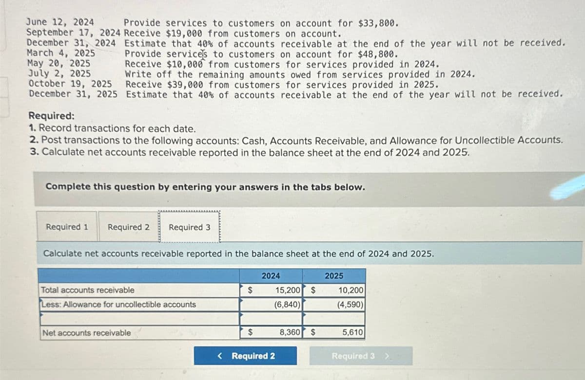 June 12, 2024
Provide services to customers on account for $33,800.
September 17, 2024 Receive $19,000 from customers on account.
December 31, 2024
March 4, 2025
May 20, 2025
July 2, 2025
October 19, 2025
December 31, 2025
Estimate that 40% of accounts receivable at the end of the year will not be received.
Provide services to customers on account for $48,800.
Receive $10,000 from customers for services provided in 2024.
Write off the remaining amounts owed from services provided in 2024.
Receive $39,000 from customers for services provided in 2025.
Estimate that 40% of accounts receivable at the end of the year will not be received.
Required:
1. Record transactions for each date.
2. Post transactions to the following accounts: Cash, Accounts Receivable, and Allowance for Uncollectible Accounts.
3. Calculate net accounts receivable reported in the balance sheet at the end of 2024 and 2025.
Complete this question by entering your answers in the tabs below.
Required 1 Required 2 Required 3
Calculate net accounts receivable reported in the balance sheet at the end of 2024 and 2025.
Total accounts receivable
Less: Allowance for uncollectible accounts
Net accounts receivable
$
$
2024
15,200 $
(6,840)
< Required 2
8,360
$
2025
10,200
(4,590)
5,610
Required 3 >.