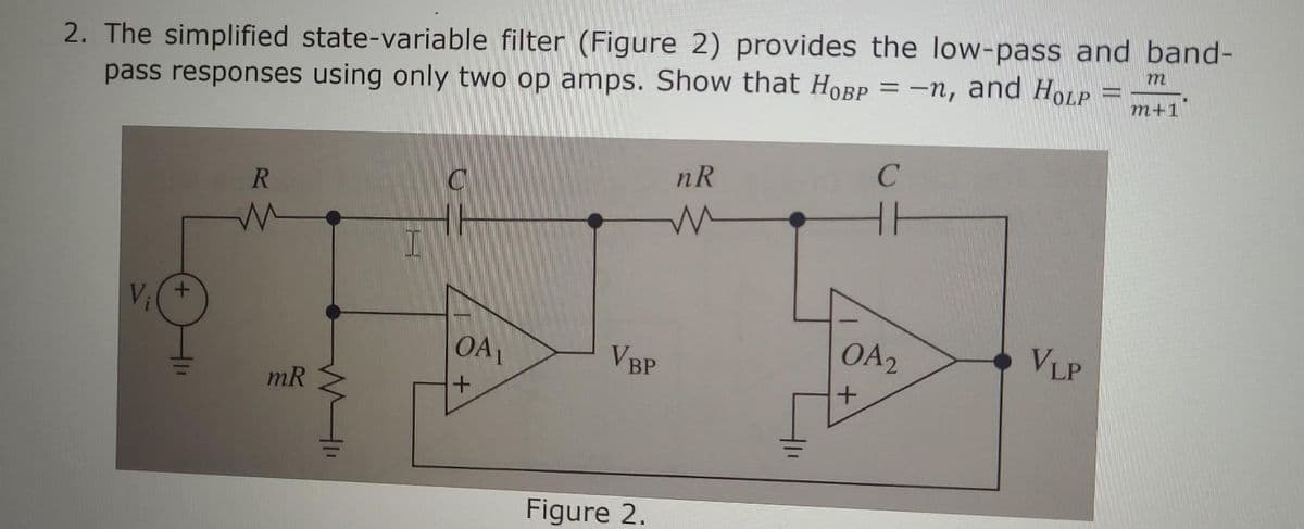 2. The simplified state-variable filter (Figure 2) provides the low-pass and band-
pass responses using only two op amps. Show that HOBP = -n, and HOLP
m
m+1
R
mR
I
OA₁
+
VBP
Figure 2.
nR
M
C
OA2
+
VLP