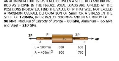 AN ALUMINUM TUBE IS FASTENED BETWEEN A STEEL ROD AND BRONZE
ROD AS SHOWN IN THE FIGURE. AXIAL LOADS ARE APPLIED AT THE
POSITIONS INDICATED. FIND THE VALUE OF P THAT WILL NOT EXCEED
A MAXIMUM OVERALL DEFORMATION OF 5mm OR A STRESS IN THE
STEEL OF 120MPa, IN BRONZE OF 130 MPa AND IN ALUMINUM OF
90 MPa. Modulus of Elasticty of Bronze = 80 GPa, Aluminum = 65 GPa
and Steel = 210 GPa.
3P
2P
4P
L = 500mm
800
A-400mm² 900
600
700