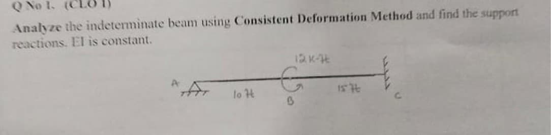 Q No 1 (CL
Analyze the indeterminate beam using Consistent Deformation Method and find the support
reactions. El is constant.
lo H
12. K-
15 76