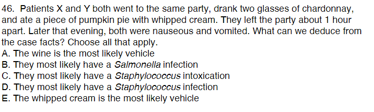 46. Patients X and Y both went to the same party, drank two glasses of chardonnay,
and ate a piece of pumpkin pie with whipped cream. They left the party about 1 hour
apart. Later that evening, both were nauseous and vomited. What can we deduce from
the case facts? Choose all that apply.
A. The wine is the most likely vehicle
B. They most likely have a Salmonella infection
C. They most likely have a Staphylococcus intoxication
D. They most likely have a Staphylococcus infection
E. The whipped cream is the most likely vehicle