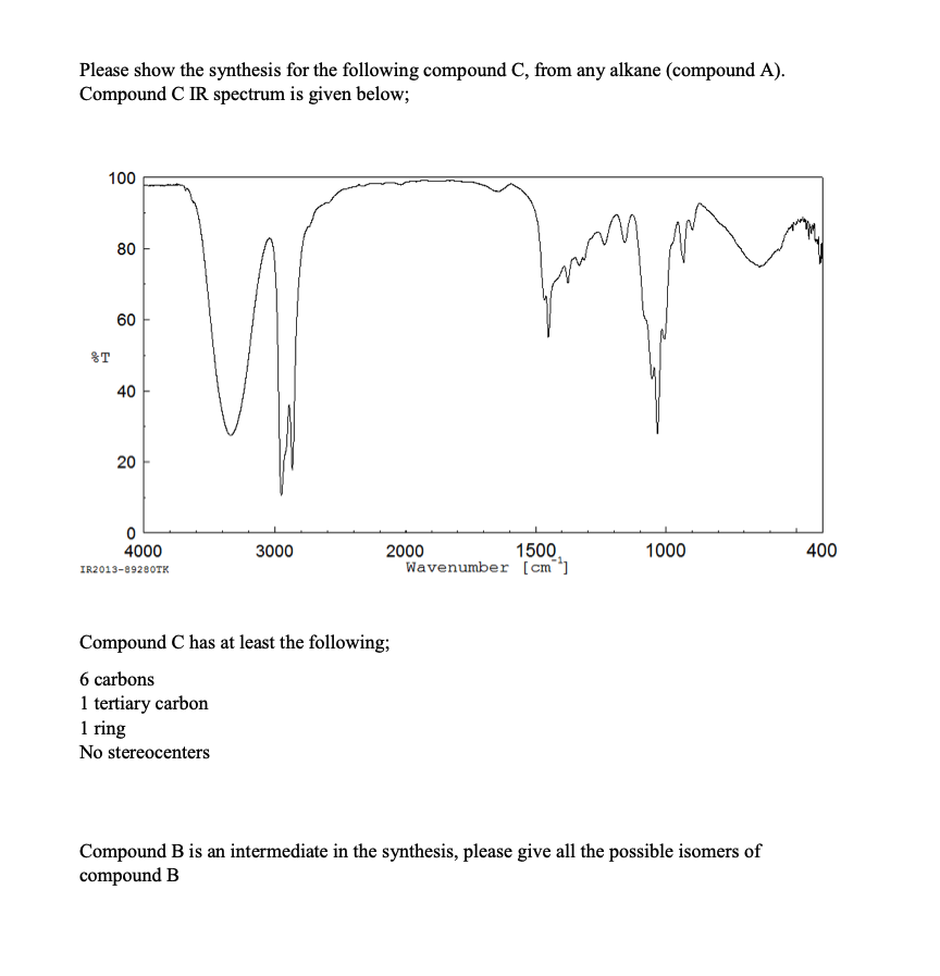 Please show the synthesis for the following compound C, from any alkane (compound A).
Compound C IR spectrum is given below;
100
60
80
60
60
T
40
40
20
20
0
4000
IR2013-89280TK
3000
2000
1500
1000
400
Wavenumber [cm]
Compound C has at least the following;
6 carbons
1 tertiary carbon
1 ring
No stereocenters
Compound B is an intermediate in the synthesis, please give all the possible isomers of
compound B