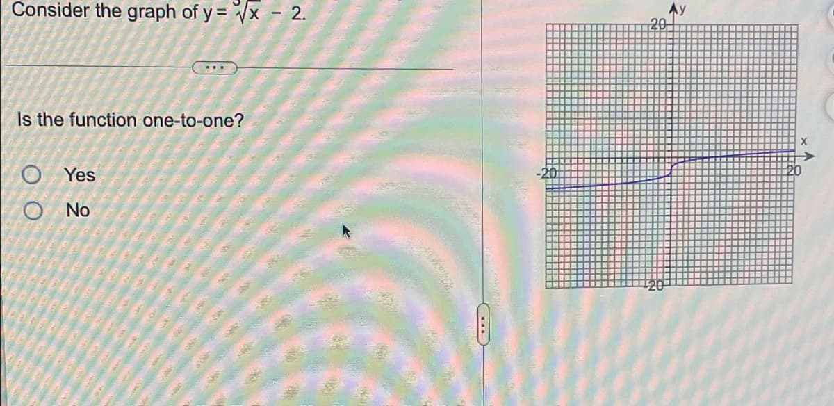 Consider the graph of y = Vx - 2.
Is the function one-to-one?
O Yes
No
O O
