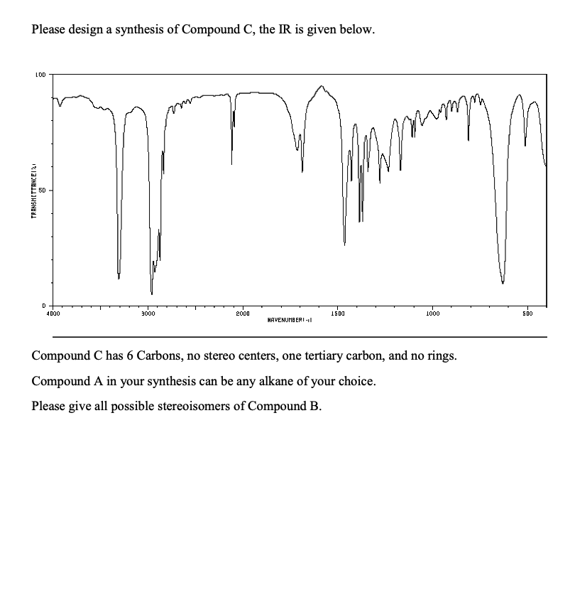 TRANSHITTANCE1%
50
D
4000
Please design a synthesis of Compound C, the IR is given below.
LOD
3000
2000
1500
HAVENUMBERI -
притр
1000
500
Compound C has 6 Carbons, no stereo centers, one tertiary carbon, and no rings.
Compound A in your synthesis can be any alkane of your choice.
Please give all possible stereoisomers of Compound B.