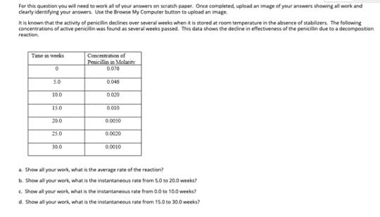 For this question you will need to work all of your answers on scratch paper. Once completed, upload an image of your answers showing all work and
clearly identifying your answers. Use the Browse My Computer button to upload an image.
It is known that the activity of penicillin declines over several weeks when it is stored at room temperature in the absence of stabilizers. The following
concentrations of active penicillin was found as several weeks passed. This data shows the decline in effectiveness of the penicillin due to a decomposition
reaction.
Time in weeks
0
5.0
10.0
15.0
20.0
25.0
30.0
Concentration of
Penicillin in Molarity
0.076
0.046
0.020
0.010
0.0050
0.0020
0.0010
a. Show all your work, what is the average rate of the reaction?
b. Show all your work, what is the instantaneous rate from 5.0 to 20.0 weeks?
c. Show all your work, what is the instantaneous rate from 0.0 to 10.0 weeks?
d. Show all your work, what is the instantaneous rate from 15.0 to 30.0 weeks?