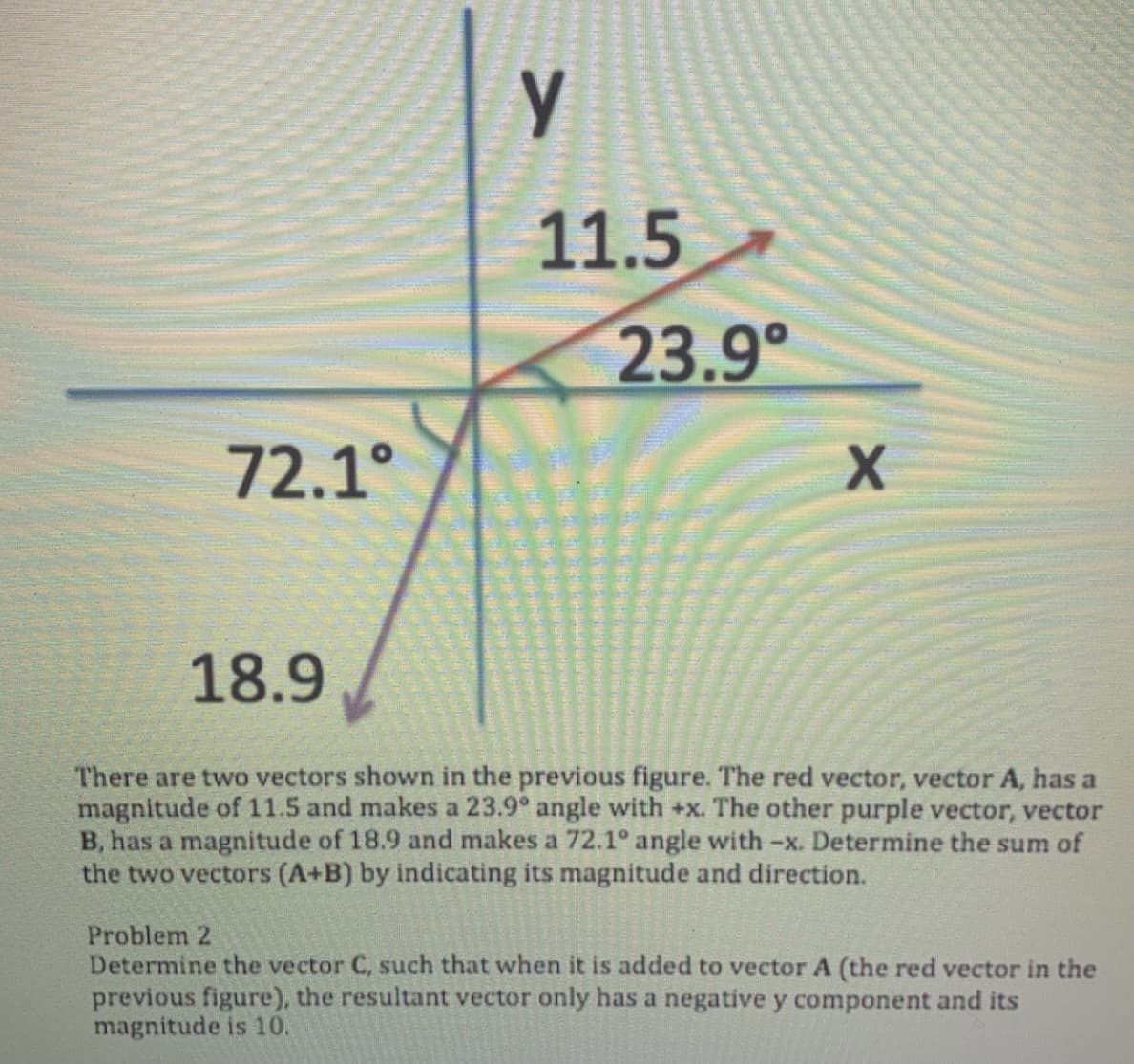 y
11.5
23.9
72.1°
18.9
There are two vectors shown in the previous figure. The red vector, vector A, has a
magnitude of 11.5 and makes a 23.9° angle with +x. The other purple vector, vector
B, has a magnitude of 18.9 and makes a 72.1° angle with-x. Determine the sum of
the two vectors (A+B) by indicating its magnitude and direction.
Problem 2
Determine the vector C, such that when it is added to vector A (the red vector in the
previous figure), the resultant vector only has a negative y component and its
magnitude is 10.
