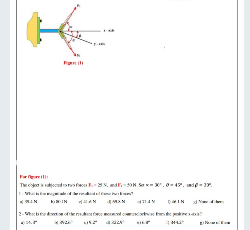 x- axis
y-axis
Figure (1)
For figure (1):
The object is subjected to two forces F1 = 25 N, and F2 50 N. Set oc = 30°, 0 = 45°, and ß = 30°.
1 - What is the magnitude of the resultant of these two forces?
c) 41.6 N
a) 39.4 N
b) 80.IN
d) 69.8 N
e) 71.4 N
f) 46.1 N
g) None of them
2 - What is the direction of the resultant force measured counterclockwise from the positive x-axis?
) 344.2°
a) 14.3°
b) 392.6°
c) 9.2°
d) 322.9°
e) 6.8°
g) None of them
