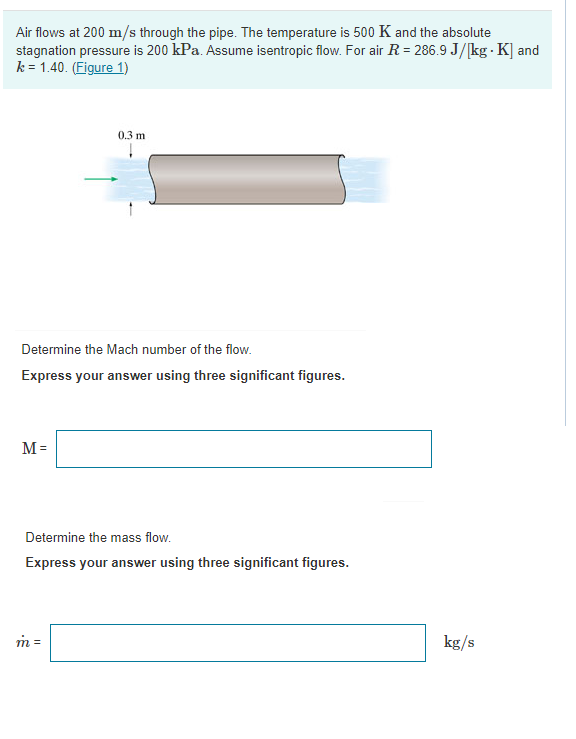 Air flows at 200 m/s through the pipe. The temperature is 500 K and the absolute
stagnation pressure is 200 kPa. Assume isentropic flow. For air R = 286.9 J/kg · K] and
k = 1.40. (Figure 1)
0.3 m
Determine the Mach number of the flow.
Express your answer using three significant figures.
M =
Determine the mass flow.
Express your answer using three significant figures.
m =
kg/s
