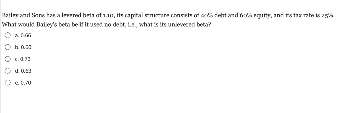 Bailey and Sons has a levered beta of 1.10, its capital structure consists of 40% debt and 60% equity, and its tax rate is 25%.
What would Bailey's beta be if it used no debt, i.e., what is its unlevered beta?
a. 0.66
b. 0.60
c. 0.73
d. 0.63
e. 0.70