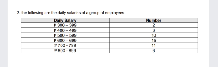 2. the following are the daily salaries of a group of employees.
Daily Salary
Р 300 - 399
P 400 – 499
P 500 – 599
Р 600 - 699
P 700 - 799
P 800 - 899
Number
3
10
15
11
