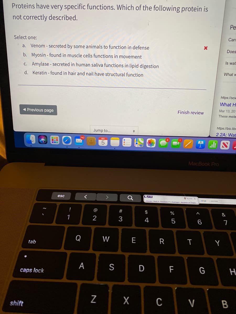 Proteins have very specific functions. Which of the following protein is
not correctly described.
Pe
Can
Select one:
a.
Venom - secreted by some animals to function in defense
Does
b. Myosin - found in muscle cells functions in movement
Is wat
c. Amylase - secreted in human saliva functions in lipid digestion
What v
d. Keratin - found in hair and nail have structural function
https://scie
What H
Mar 13, 20:
( Previous page
Finish review
These mole
https://bio.libr
Jump to...
2.2A: Wat
742
DEC
MacBook Pro
CSU
esc
whange/Wek et l-Mandoryrde
!
@
#
$
%
&
1
3
4
Q
W
E
R
Y
tab
A
S
D F
G
H.
caps lock
C V
shift
CO
ヒ
N
