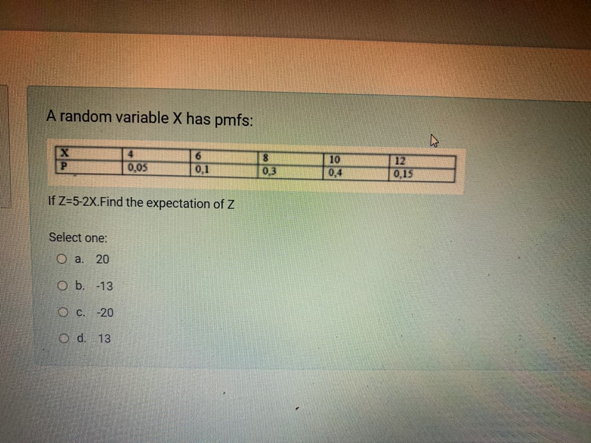 A random variable X has pmfs:
EX
4
0,05
6.
10
12
0.15
0,1
0,3
0,4
If Z-5-2X.Find the expectation of Z
Select one:
О а. 20
O b. -13
O C. -20
O d. 13
