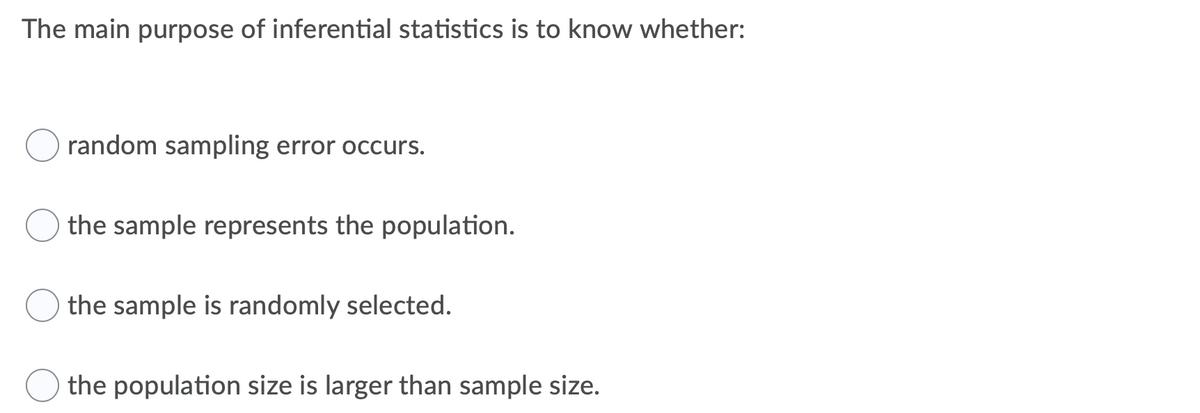 The main purpose of inferential statistics is to know whether:
random sampling error occurs.
the sample represents the population.
the sample is randomly selected.
the population size is larger than sample size.
