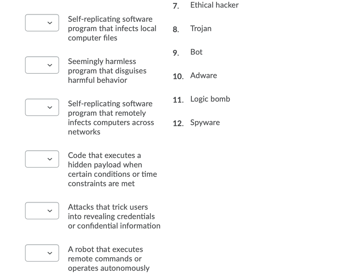 7.
Ethical hacker
Self-replicating software
program that infects local
computer files
8.
Trojan
9.
Bot
Seemingly harmless
program that disguises
harmful behavior
10. Adware
11. Logic bomb
Self-replicating software
program that remotely
infects computers across
12. Spyware
networks
Code that executes a
hidden payload when
certain conditions or time
constraints are met
Attacks that trick users
into revealing credentials
or confidential information
A robot that executes
remote commands or
operates autonomously
>
>
>
>
