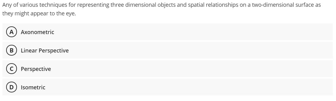 Any of various techniques for representing three dimensional objects and spatial relationships on a two-dimensional surface as
they might appear to the eye.
A
Axonometric
Linear Perspective
Perspective
D
Isometric
