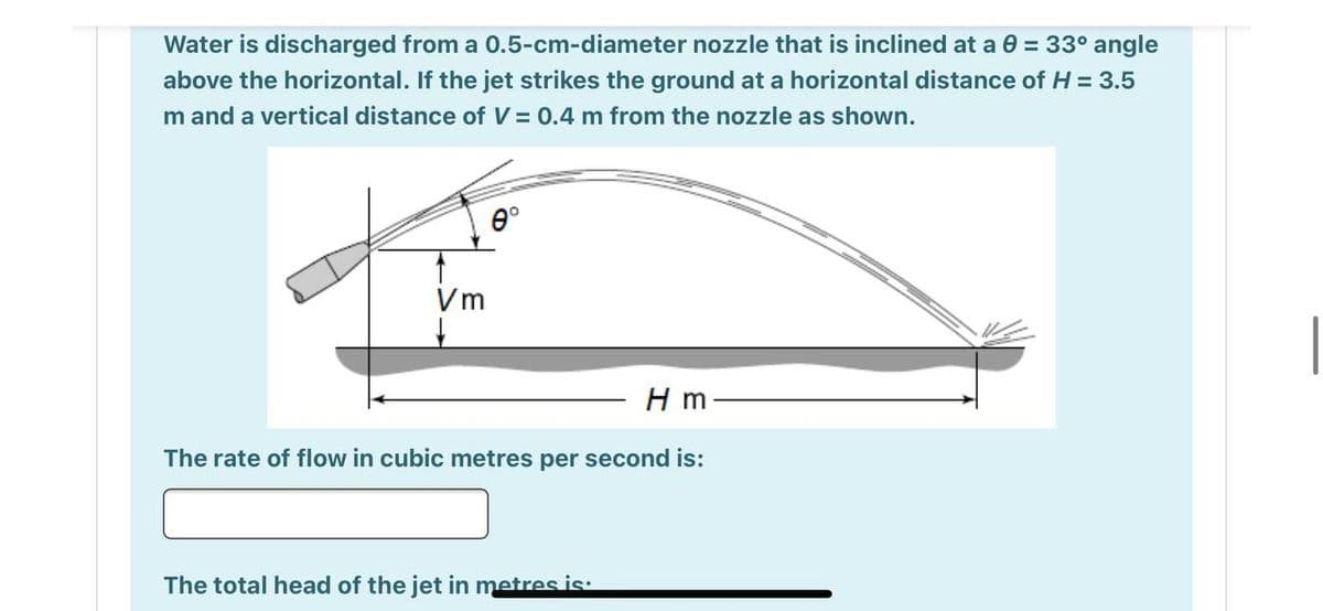 Water is discharged from a 0.5-cm-diameter nozzle that is inclined at a 0 = 33° angle
above the horizontal. If the jet strikes the ground at a horizontal distance of H = 3.5
m and a vertical distance of V = 0.4 m from the nozzle as shown.
e°
Vm
H m
The rate of flow in cubic metres per second is:
The total head of the jet in metres is:
