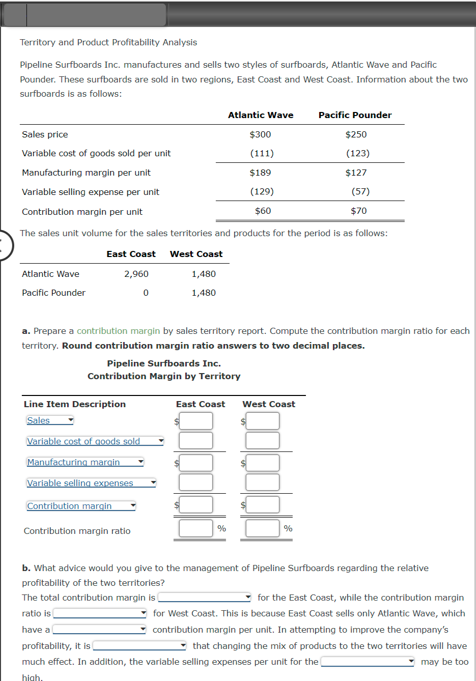 Territory and Product Profitability Analysis
Pipeline Surfboards Inc. manufactures and sells two styles of surfboards, Atlantic Wave and Pacific
Pounder. These surfboards are sold in two regions, East Coast and West Coast. Information about the two
surfboards is as follows:
Atlantic Wave
Pacific Pounder
Sales price
Variable cost of goods sold per unit
Manufacturing margin per unit
Variable selling expense per unit
Contribution margin per unit
The sales unit volume for the sales territories and products for the period is as follows:
East Coast West Coast
2,960
Line Item Description
Sales
Variable cost of goods sold
Manufacturing margin
Variable selling expenses
Contribution margin
0
Pipeline Surfboards Inc.
Contribution Margin by Territory
Contribution margin ratio
1,480
1,480
Atlantic Wave
a. Prepare a contribution margin by sales territory report. Compute the contribution margin ratio for each
territory. Round contribution margin ratio answers to two decimal places.
$
$300
(111)
$189
(129)
$60
East Coast West Coast
%
Pacific Pounder
%
$250
(123)
$127
(57)
$70
b. What advice would you give to the management of Pipeline Surfboards regarding the relative
profitability of the two territories?
The total contribution margin is
ratio is
for the East Coast, while the contribution margin
for West Coast. This is because East Coast sells only Atlantic Wave, which
contribution margin per unit. In attempting to improve the company's
have a
profitability, it is
that changing the mix of products to the two territories will have
much effect. In addition, the variable selling expenses per unit for the
high.
may be too