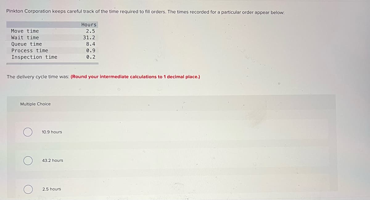 Pinkton Corporation keeps careful track of the time required to fill orders. The times recorded for a particular order appear below:
Hours
Move time
2.5
Wait time
31.2
Queue time
8.4
Process time
0.9
Inspection time
0.2
The delivery cycle time was: (Round your intermediate calculations to 1 decimal place.)
Multiple Choice
10.9 hours
43.2 hours
2.5 hours
