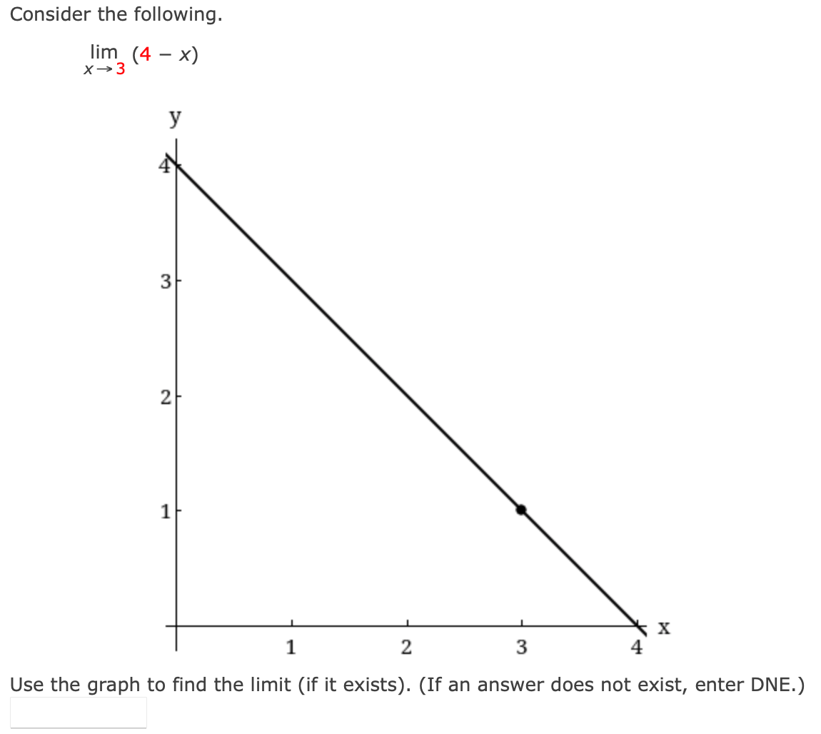 Consider the following.
lim (4 – x)
X→3
y
3
2
1
2
4
Use the graph to find the limit (if it exists). (If an answer does not exist, enter DNE.)
