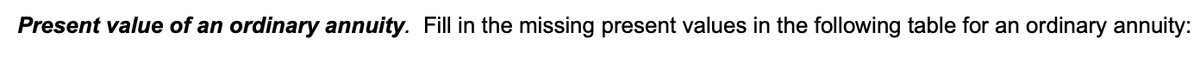 Present value of an ordinary annuity. Fill in the missing present values in the following table for an ordinary annuity: