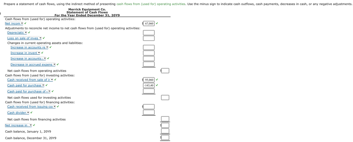 Prepare a statement of cash flows, using the indirect method of presenting cash flows from (used for) operating activities. Use the minus sign to indicate cash outflows, cash payments, decreases in cash, or any negative adjustments.
Merrick Equipment Co.
Statement of Cash Flows
For the Year Ended December 31, 20Y9
Cash flows from (used for) operating activities:
Net incom ✓
Adjustments to reconcile net income to net cash flows from (used for) operating activities:
Depreciatic✓
Loss on sale of inves✔ ✔
Changes in current operating assets and liabilities:
Increase in accounts re ✓
Increase in invent
Increase in accounts ✔
Decrease in accrued expens ✓ ✓
Net cash flows from operating activities
Cash flows from (used for) investing activities:
Cash received from sale of ir ✔ ✔
Cash paid for purchase✔
Cash paid for purchase of ✔ ✔
Net cash flows used for investing activities
Cash flows from (used for) financing activities:
Cash received from issuing col✔ ✔
Cash dividen ✓
Net cash flows from financing activities
Net increase in ✓
Cash balance, January 1, 20Y9
Cash balance, December 31, 20Y9
67,060 ✔
95,060 ✔
-143,40 ✔
10000