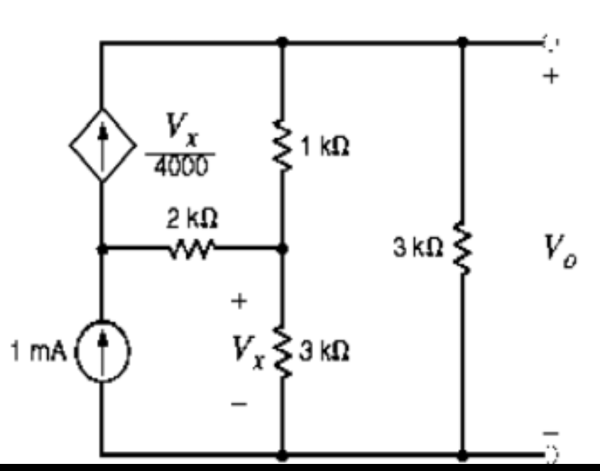 Vx
4000
1 kn
2 kn
ww
3 kn 3
Vo
+
1 mA
3 kn
