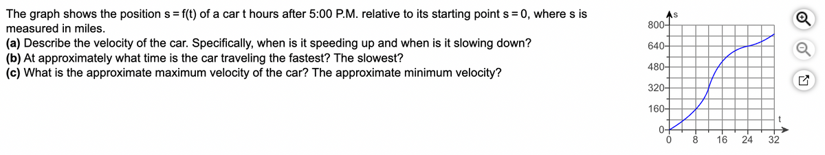 The graph shows the position s = f(t) of a car t hours after 5:00 P.M. relative to its starting point s = 0, where s is
measured in miles.
(a) Describe the velocity of the car. Specifically, when is it speeding up and when is it slowing down?
(b) At approximately what time is the car traveling the fastest? The slowest?
(c) What is the approximate maximum velocity of the car? The approximate minimum velocity?
800-
640-
480-
320-
160-
0-
to
0
S
- co
8
16
24
t
32