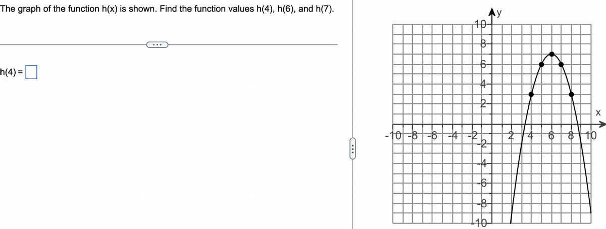 The graph of the function h(x) is shown. Find the function values h(4), h(6), and h(7).
h(4) =
...
C
-10 -8 -6 -4
Ay
10-
8-
6-
-4-
2
N
-4-
-6-
-8-
10
X
O