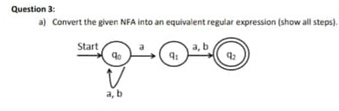 Question 3:
a) Convert the given NFA into an equivalent regular expression (show all steps).
Start
а, b
a, b
