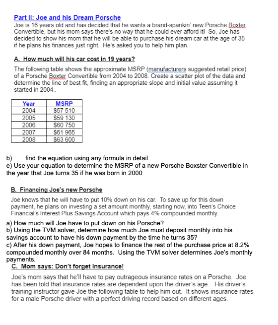 Part II: Joe and his Dream Porsche
Joe is 16 years old and has decided that he wants a brand-spankin' new Porsche Boxter
Convertible, but his mom says there's no way that he could ever afford it! So, Joe has
decided to show his mom that he will be able to purchase his dream car at the age of 35
if he plans his finances just right. He's asked you to help him plan.
A. How much will his car cost in 19 years?
The following table shows the approximate MSRP (manufacturers suggested retail price)
of a Porsche Boxter Convertible from 2004 to 2008. Create a scatter plot of the data and
determine the line of best fit, finding an appropriate slope and initial value assuming it
started in 2004..
MSRP
Year
2004
$57 510
2005
$59 130
2006
$60 750
2007
$61 965
2008
$63 600
b)
find the equation using any formula in detail
e) Use your equation to determine the MSRP of a new Porsche Boxster Convertible in
the year that Joe turns 35 if he was born in 2000
B. Financing Joe's new Porsche
Joe knows that he will have to put 10% down on his car. To save up for this down
payment, he plans on investing a set amount monthly, starting now, into Teen's Choice
Financial's Interest Plus Savings Account which pays 4% compounded monthly.
a) How much will Joe have to put down on his Porsche?
b) Using the TVM solver, determine how much Joe must deposit monthly into his
savings account to have his down payment by the time he turns 35?
c) After his down payment, Joe hopes to finance the rest of the purchase price at 8.2%
compounded monthly over 84 months. Using the TVM solver determines Joe's monthly
payments.
C. Mom says: Don't forget Insurance!
Joe's mom says that he'll have to pay outrageous insurance rates on a Porsche. Joe
has been told that insurance rates are dependent upon the driver's age. His driver's
training instructor gave Joe the following table to help him out. It shows insurance rates
for a male Porsche driver with a perfect driving record based on different ages.