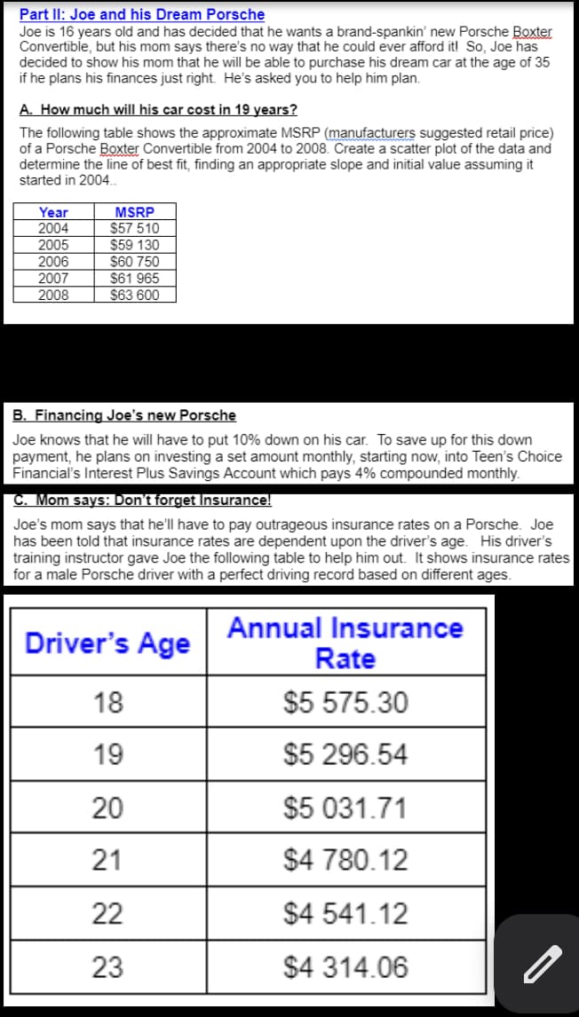 Part II: Joe and his Dream Porsche
Joe is 16 years old and has decided that he wants a brand-spankin' new Porsche Boxter
Convertible, but his mom says there's no way that he could ever afford it! So, Joe has
decided to show his mom that he will be able to purchase his dream car at the age of 35
if he plans his finances just right. He's asked you to help him plan.
A. How much will his car cost in 19 years?
The following table shows the approximate MSRP (manufacturers suggested retail price)
of a Porsche Boxter Convertible from 2004 to 2008. Create a scatter plot of the data and
determine the line of best fit, finding an appropriate slope and initial value assuming it
started in 2004..
Year
MSRP
2004
$57 510
2005
$59 130
2006
$60 750
2007
$61 965
2008
$63 600
B. Financing Joe's new Porsche
Joe knows that he will have to put 10% down on his car. To save up for this down
payment, he plans on investing a set amount monthly, starting now, into Teen's Choice
Financial's Interest Plus Savings Account which pays 4% compounded monthly.
C. Mom says: Don't forget Insurance!
Joe's mom says that he'll have to pay outrageous insurance rates on a Porsche. Joe
has been told that insurance rates are dependent upon the driver's age. His driver's
training instructor gave Joe the following table to help him out. It shows insurance rates
for a male Porsche driver with a perfect driving record based on different ages.
Annual Insurance
Driver's Age
Rate
18
$5 575.30
19
$5 296.54
20
$5 031.71
21
$4 780.12
22
$4 541.12
23
$4 314.06