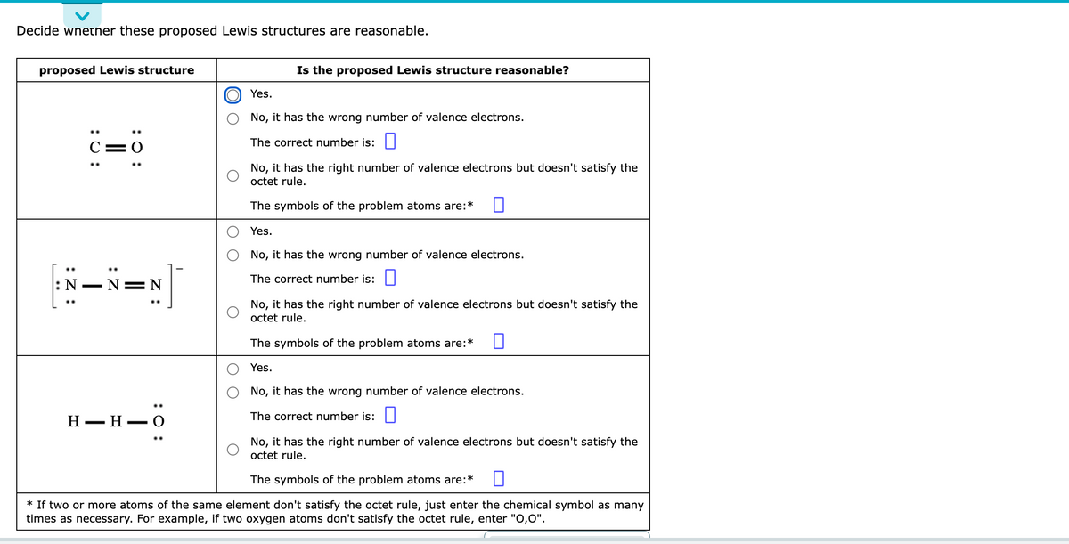 Decide wnether these proposed Lewis structures are reasonable.
proposed Lewis structure
Is the proposed Lewis structure reasonable?
Yes.
No, it has the wrong number of valence electrons.
C= 0
The correct number is: ||
No, it has the right number of valence electrons but doesn't satisfy the
octet rule.
The symbols of the problem atoms are:*
Yes.
No, it has the wrong number of valence electrons.
The correct number is: ||
-N=N
|
No, it has the right number of valence electrons but doesn't satisfy the
octet rule.
The symbols of the problem atoms are:*
Yes.
No, it has the wrong number of valence electrons.
The correct number is:|
H – H- O
No, it has the right number of valence electrons but doesn't satisfy the
octet rule.
The symbols of the problem atoms are:*
* If two or more atoms of the same element don't satisfy the octet rule, just enter the chemical symbol as many
times as necessary. For example, if two oxygen atoms don't satisfy the octet rule, enter "0,0".
:O:
:U :
:Z :
..
