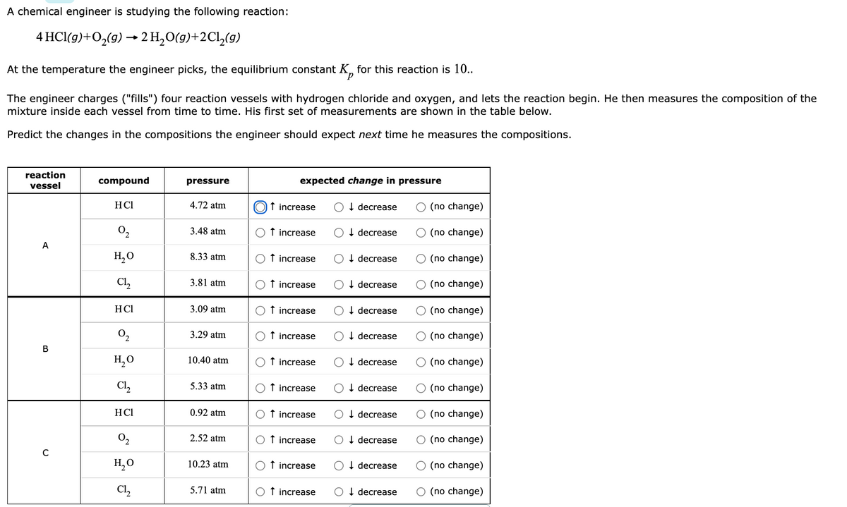 A chemical engineer is studying the following reaction:
4 HCl(g)+O,(g) → 2 H2O(9)+2Cl,(g)
At the temperature the engineer picks, the equilibrium constant K, for this reaction is 10..
d.
The engineer charges ("fills") four reaction vessels with hydrogen chloride and oxygen, and lets the reaction begin. He then measures the composition of the
mixture inside each vessel from time to time. His first set of measurements are shown in the table below.
Predict the changes in the compositions the engineer should expect next time he measures the compositions.
reaction
vessel
compound
pressure
expected change in pressure
HCI
4.72 atm
f increase
I decrease
(no change)
3.48 atm
increase
I decrease
(no change)
A
H,0
8.33 atm
f increase
OI decrease
(no change)
Cl,
3.81 atm
f increase
I decrease
(no change)
HCl
3.09 atm
f increase
Ot decrease
(no change)
3.29 atm
f increase
Ot decrease
O (no change)
В
H,0
10.40 atm
f increase
I decrease
(no change)
Cl,
5.33 atm
t increase
I decrease
(no change)
HCl
0.92 atm
f increase
OI decrease
O (no change)
2.52 atm
f increase
OI decrease
O (no change)
H,O
10.23 atm
f increase
Ot decrease
(no change)
Cl,
5.71 atm
f increase
OI decrease
O (no change)
