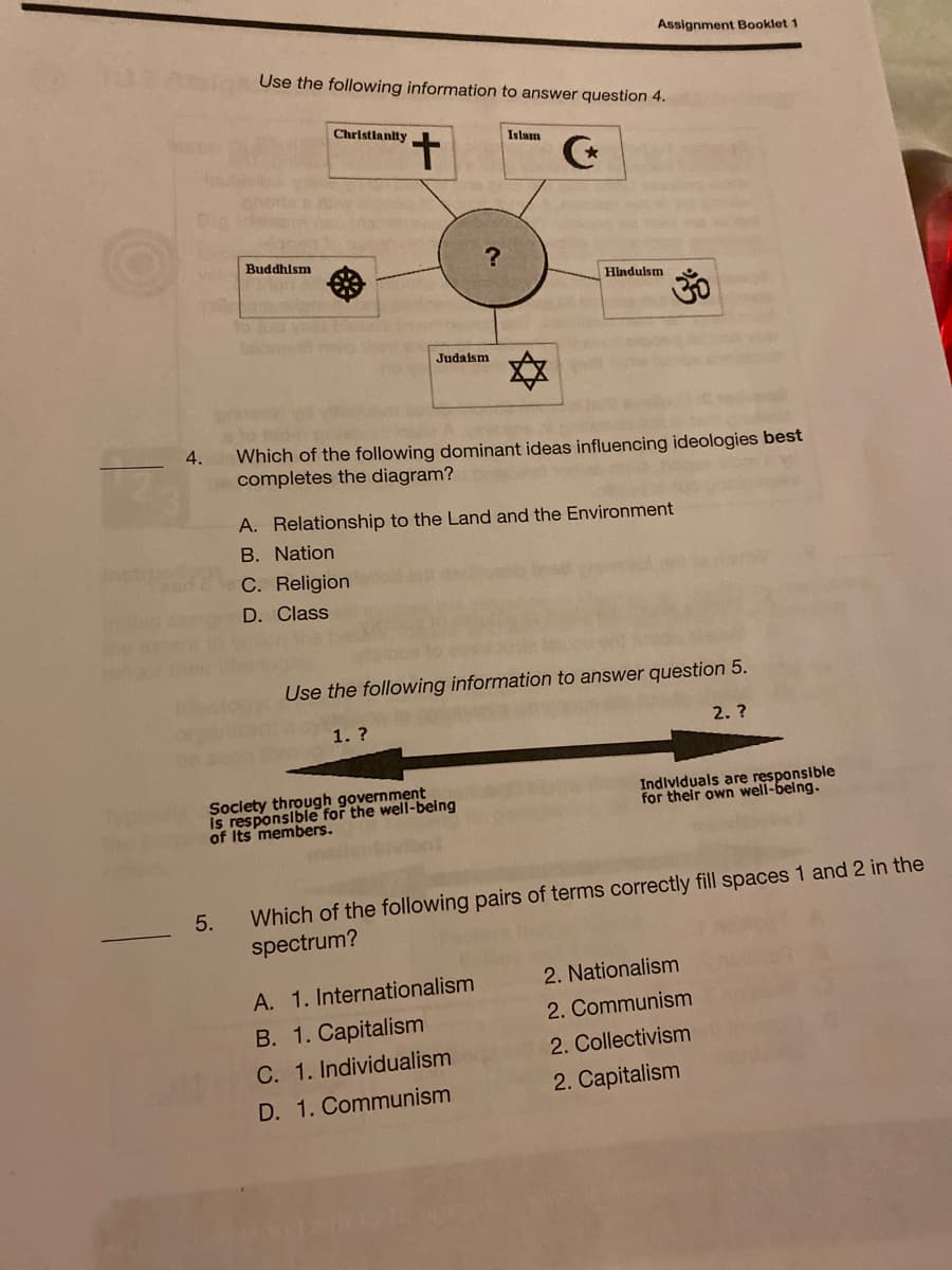 Assignment Booklet 1
Use the following information to answer question 4.
Christlanity
Islam
Buddhism
Hindulsm
Judaism
4.
Which of the following dominant ideas influencing ideologies best
completes the diagram?
A. Relationship to the Land and the Environment
B. Nation
C. Religion
D. Class
Use the following information to answer question 5.
1. ?
2. ?
Society through government
Is responslble for the well-being
of Its'members.
Individuals are responsible
for their own well-belng.
Which of the following pairs of terms correctly fill spaces 1 and 2 in the
spectrum?
5.
2. Nationalism
A. 1. Internationalism
2. Communism
B. 1. Capitalism
2. Collectivism
C. 1. Individualism
2. Capitalism
D. 1. Communism
