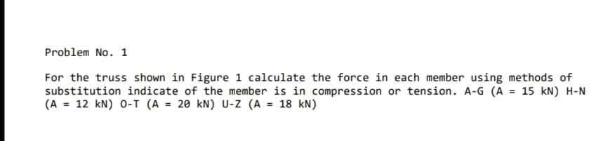 Problem No. 1
For the truss shown in Figure 1 calculate the force in each member using methods of
substitution indicate of the member is in compression or tension. A-G (A = 15 kN) H-N
(A = 12 kN) 0-T (A = 20 kN) U-z (A = 18 kN)
