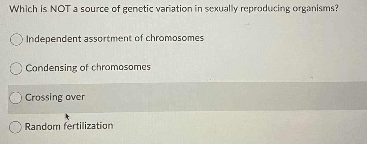 Which is NOT a source of genetic variation in sexually reproducing organisms?
Independent assortment of chromosomes
Condensing of chromosomes
Crossing over
Random fertilization
