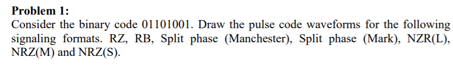 Problem 1:
Consider the binary code 01101001. Draw the pulse code waveforms for the following
signaling formats. RZ, RB, Split phase (Manchester), Split phase (Mark), NZR(L),
NRZ(M) and NRZ(S).
