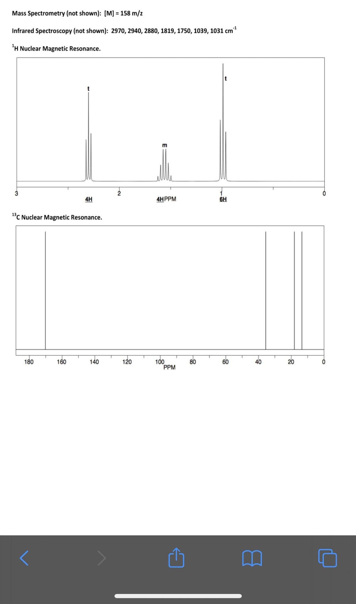 Mass Spectrometry (not shown): [M] = 158 m/z
-1
Infrared Spectroscopy (not shown): 2970, 2940, 2880, 1819, 1750, 1039, 1031 cm
¹H Nuclear Magnetic Resonance.
3
1³C Nuclear Magnetic Resonance.
180
4H
<
160
2
|_____||
120
140
4HPPM
100
PPM
t
80
6H
60
40
20
O