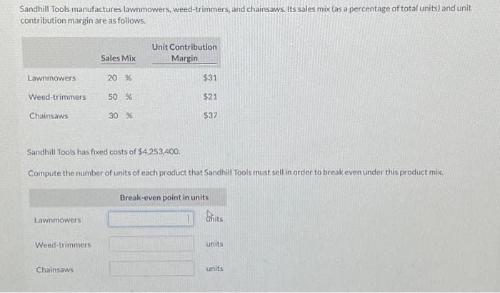 Sandhill Tools manufactures lawnmowers, weed-trimmers, and chainsaws. Its sales mix (as a percentage of total units) and unit
contribution margin are as follows.
Lawnmowers
Weed-trimmers
Chainsaws
Lawnmowers
Weed-trimmers
Sales Mix
Chainsaws:
20 %
50 %
30 %
Sandhill Tools has fixed costs of $4,253,400.
Compute the number of units of each product that Sandhill Tools must sell in order to break even under this product mix.
Unit Contribution
Margin
$31
$21
$37
Break-even point in units
Ohits
units
units