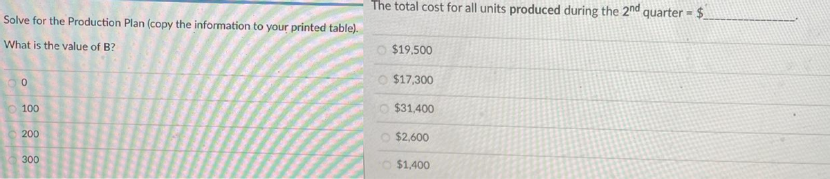Solve for the Production Plan (copy the information to your printed table).
What is the value of B?
00
100
200
300
The total cost for all units produced during the 2nd quarter = $_
$19.500
O $17,300
$31,400
O $2,600
$1,400