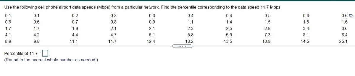 Use the following cell phone airport data speeds (Mbps) from a particular network. Find the percentile corresponding to the data speed 11.7 Mbps.
0.1
0.1
0.2
0.3
0.3
0.4
0.4
0.5
0.6
0.6 0
0.6
0.6
0.7
0.8
0.9
1.1
1.4
1.5
1.5
1.6
1.7
1.7
1.9
2.1
2.1
2.3
2.5
2.8
3.4
3.6
4.1
4.2
4.4
4.7
5.1
5.8
6.9
7.3
8.1
8.4
8.9
9.8
11.1
11.7
12.4
13.2
13.5
13.9
14.5
25.1
.....
Percentile of 11.7 =
(Round to the nearest whole number as needed.)
