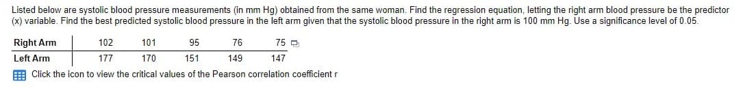 Listed below are systolic blood pressure measurements (in mm Hg) obtained from the same woman. Find the regression equation, letting the right arm blood pressure be the predictor
(x) variable. Find the best predicted systolic blood pressure in the left arm given that the systolic blood pressure in the right arm is 100 mm Hg. Use a significance level of 0.05.
Right Arm
102
101
95
76
75 D
Left Arm
177
170
151
149
147
E Click the icon to view the critical values of the Pearson correlation coefficient r
