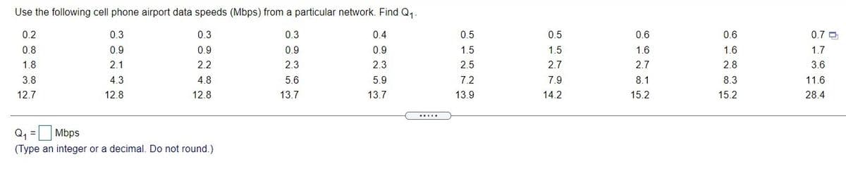 Use the following cell phone airport data speeds (Mbps) from a particular network. Find Q1.
0.2
0.3
0.3
0.3
0.4
0.5
0.5
0.6
0.6
0.7 O
0.8
0.9
0.9
0.9
0.9
1.5
1.5
1.6
1.6
1.7
1.8
2.1
2.2
2.3
2.3
2.5
2.7
2.7
2.8
3.6
3.8
4.3
4.8
5.6
5.9
7.2
7.9
8.1
8.3
11.6
12.7
12.8
12.8
13.7
13.7
13.9
14.2
15.2
15.2
28.4
.....
Q, =
Mbps
(Type an integer or a decimal. Do not round.)
