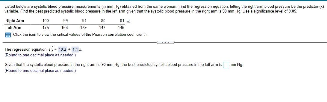 **Systolic Blood Pressure Regression Analysis**

Listed below are systolic blood pressure measurements (in mm Hg) obtained from the same woman. The goal is to find the regression equation, using the blood pressure in the right arm as the predictor (x) variable. We aim to find the best predicted systolic blood pressure in the left arm, given that the systolic blood pressure in the right arm is 90 mm Hg. A significance level of 0.05 is used in this analysis.

| Right Arm | Left Arm |
|-----------|----------|
| 100       | 175      |
| 99        | 168      |
| 91        | 179      |
| 80        | 147      |
| 81        | 146      |

To determine the correlation, you can view the critical values for the Pearson correlation coefficient \( r \).

**Regression Equation**

The regression equation is given by:

\[ \hat{y} = 40.2 + 1.4x \]

(Note: Round to one decimal place as necessary.)

**Prediction**

Given that the systolic blood pressure in the right arm is 90 mm Hg, the best predicted systolic blood pressure in the left arm is ______ mm Hg. (Round to one decimal place as needed.)