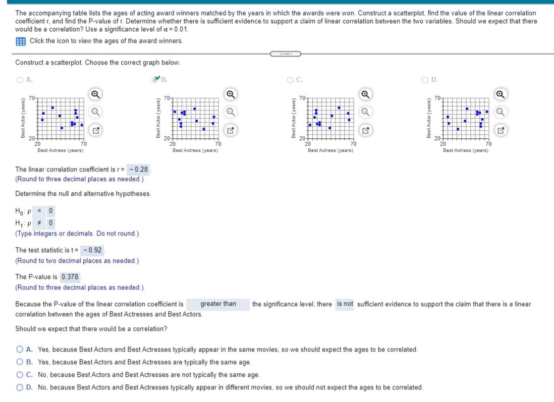 The accompanying table lists the ages of acting award winners matched by the years in which the awards were won. Construct a scatterplot, find the value of the linear correlation
coefficient r, and find the P-value of r. Determine whether there is sufficient evidence to support a claim of linear correlation between the two variables. Should we expect that there
would be a correlation? Use a significance level of a = 0.01.
E Click the icon to view the ages of the award winners.
Construct a scatterplot. Choose the correct graph below.
O A.
B.
OC.
OD.
70-
70-
70-
70-
20-
20
Best Actress (years)
20-
20
Best Actress (years)
20-
20
Best Actress (years)
20-
20
Best Actress (years)
70
70
70
70
The linear correlation coefficient is r= - 0.28.
(Round to three decimal places as needed.)
Determine the null and alternative hypotheses.
Ho:p = 0
H,:p # 0
(Type integers or decimals. Do not round.)
The test statistic is t= - 0.92.
(Round to two decimal places as needed.)
The P-value is 0.378
(Round to three decimal places as needed.)
Because the P-value of the linear correlation coefficient is
greater than
the significance level, there is not sufficient evidence to support the claim that there is a linear
correlation between the ages of Best Actresses and Best Actors.
Should we expect that there would be a correlation?
O A. Yes, because Best Actors and Best Actresses typically appear in the same movies, so we should expect the ages to be correlated.
O B. Yes, because Best Actors and Best Actresses are typically the same age.
O C. No, because Best Actors and Best Actresses are not typically the same age.
O D. No, because Best Actors and Best Actresses typically appear in different movies, so we should not expect the ages to be correlated.
