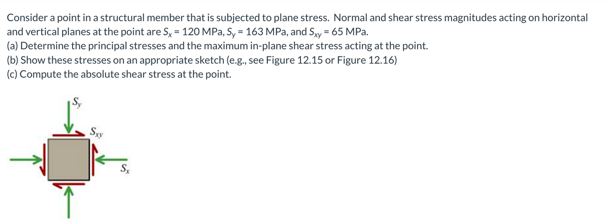 Consider a point in a structural member that is subjected to plane stress. Normal and shear stress magnitudes acting on horizontal
and vertical planes at the point are Sx = 120 MPa, Sy = 163 MPa, and Sxy = 65 MPa.
(a) Determine the principal stresses and the maximum in-plane shear stress acting at the point.
(b) Show these stresses on an appropriate sketch (e.g., see Figure 12.15 or Figure 12.16)
(c) Compute the absolute shear stress at the point.
Sy
Sxy
Sx