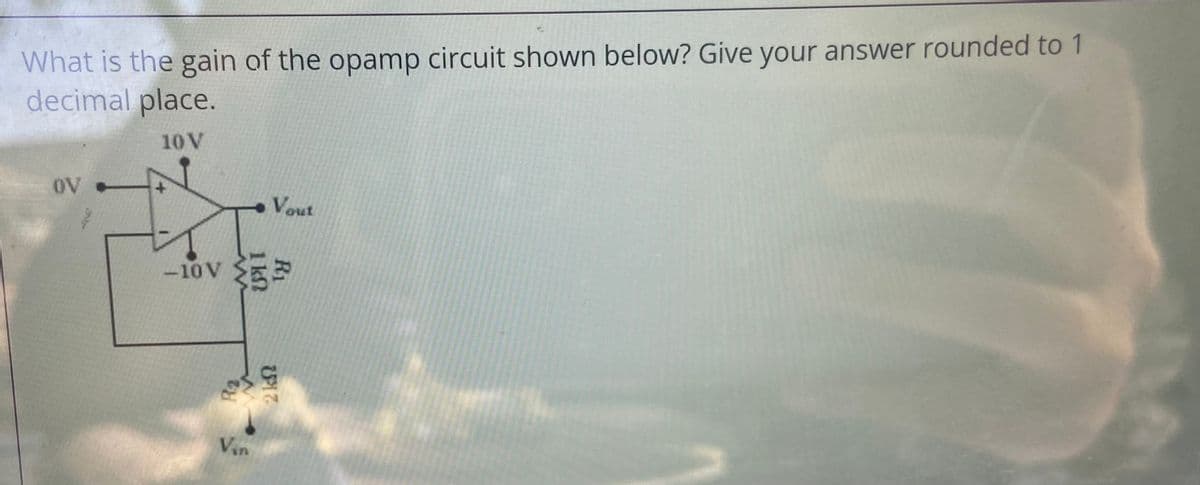 What is the gain of the opamp circuit shown below? Give your answer rounded to 1
decimal place.
10V
0V
Vout
-10V
Vin
