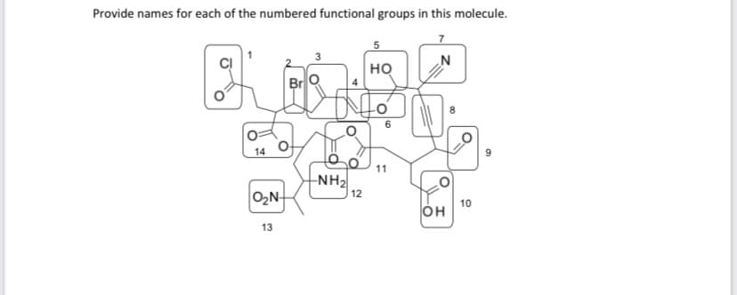 Provide names for each of the numbered functional groups in this molecule.
но
N°
Br O
14
11
-NH2
O2N-
12
10
13
