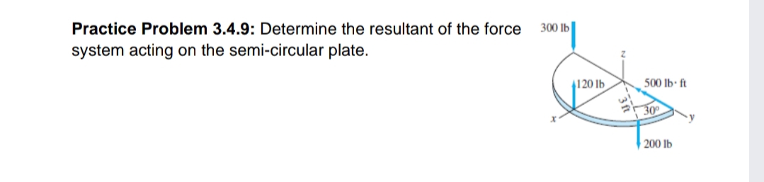 Practice Problem 3.4.9: Determine the resultant of the force
300 lb
system acting on the semi-circular plate.
4120 lb
500 lb ft
300
200 lb
